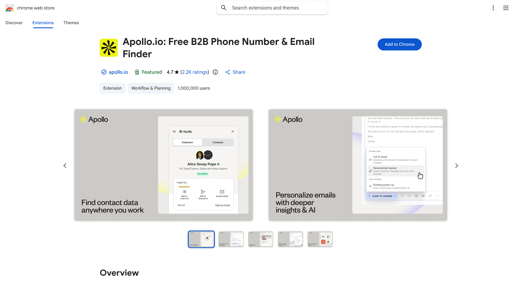 Apollo.io Chrome extension listing in the Chrome Web Store