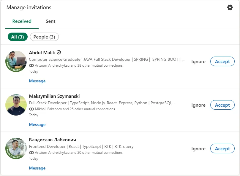 Managing received LinkedIn invitations