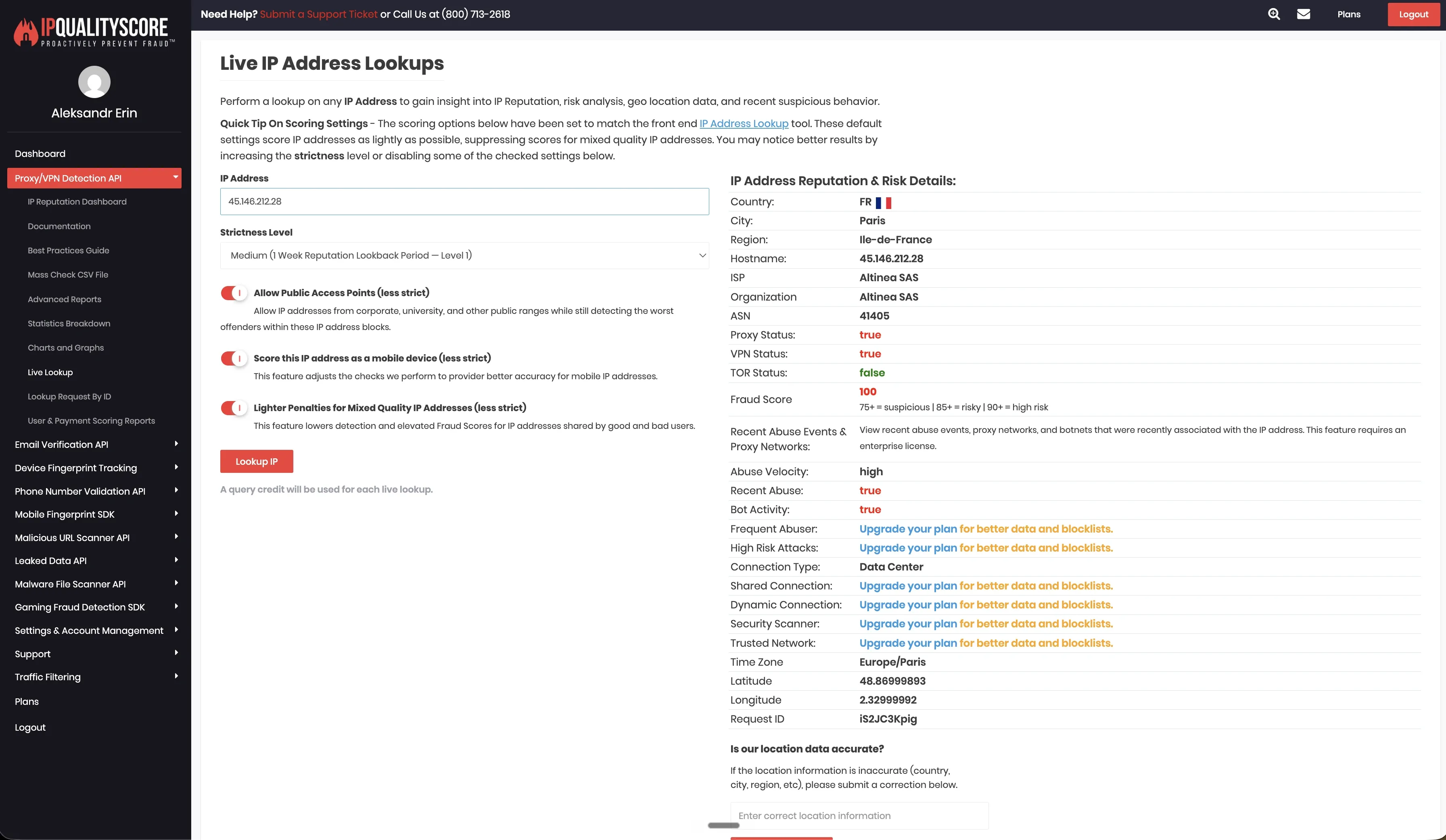 IPQualityScore check for HeyReach IP 45.146.212.28 from the June 2026 cloud test. IPQS identified Altinea SAS, ASN 41405, Paris, France, Data Center connection type, proxy/VPN signals, and fraud score 100/100. IPQS is an independent IP-quality signal, not LinkedIn’s own enforcement verdict.
