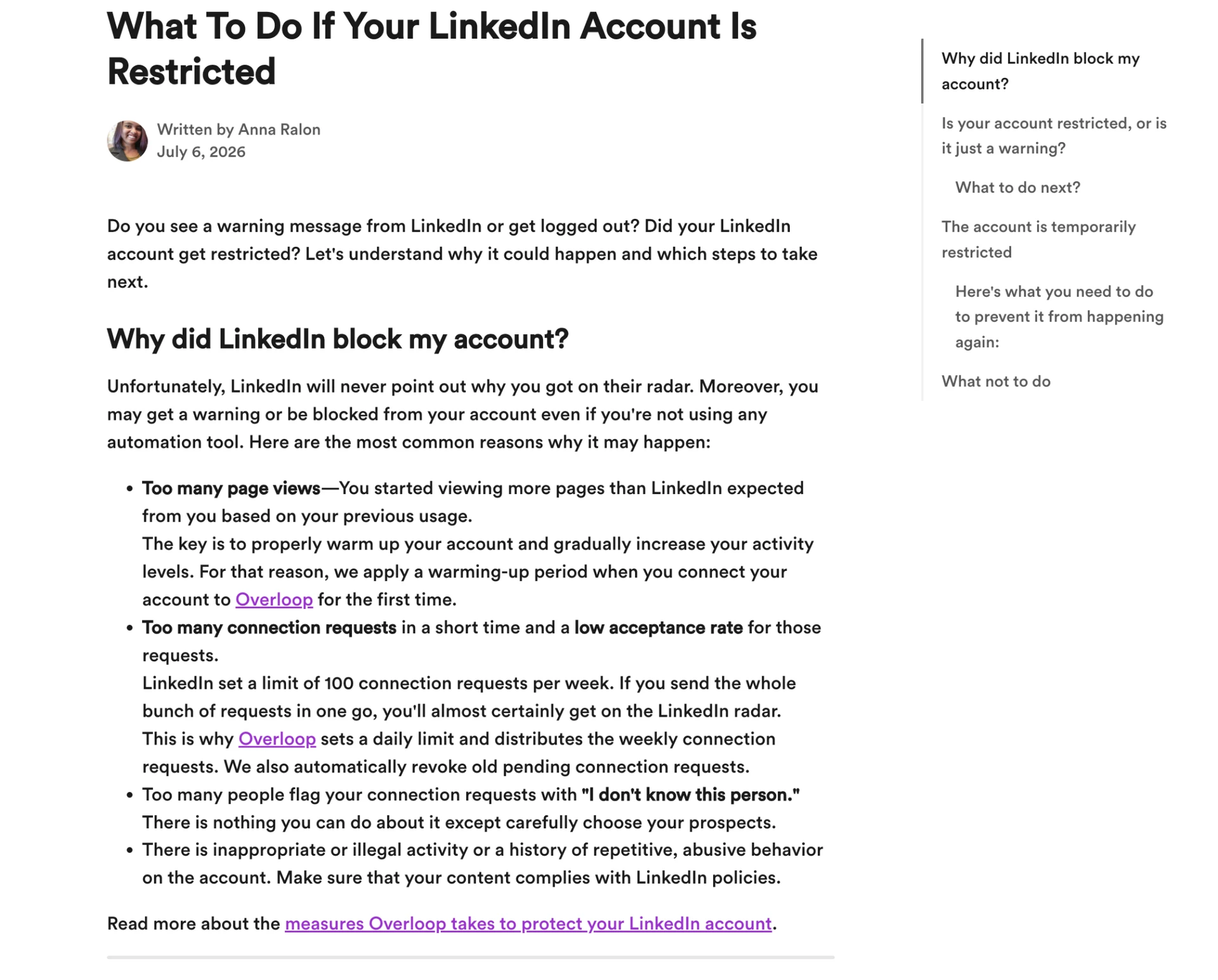 Overloop's help article "What To Do If Your LinkedIn Account Is Restricted", listing causes such as too many page views and too many connection requests, and describing the warming-up period applied to a newly connected account and the distribution of LinkedIn's 100-connection-requests-per-week limit