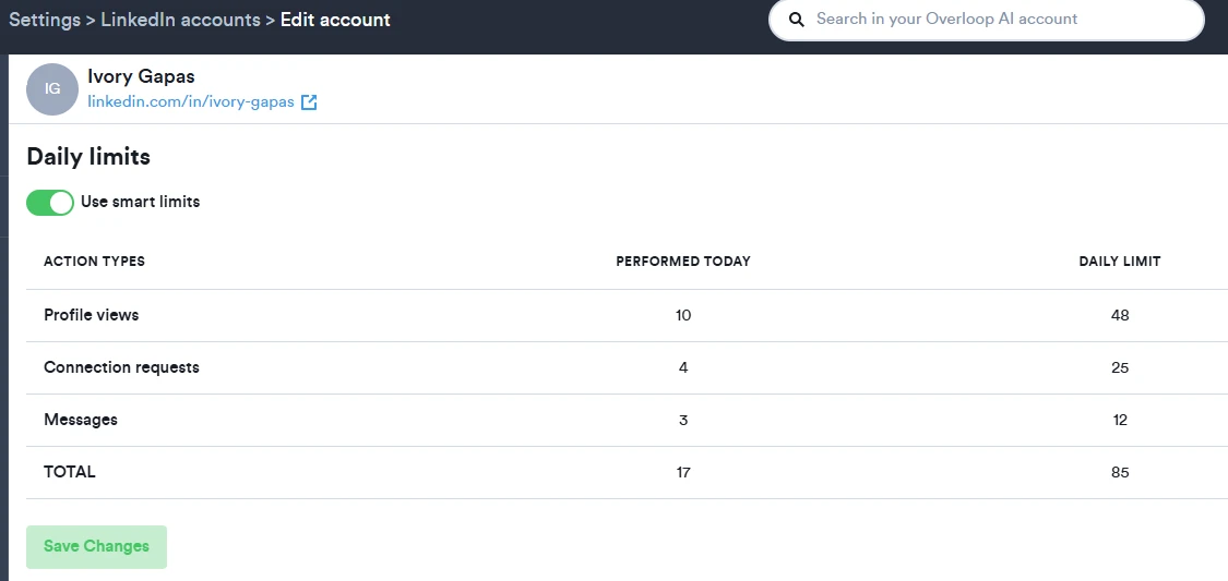 Overloop AI LinkedIn account settings with Use smart limits switched on — a Daily limits table showing 10 of 48 profile views, 4 of 25 connection requests, 3 of 12 messages, and 17 of 85 total actions performed today