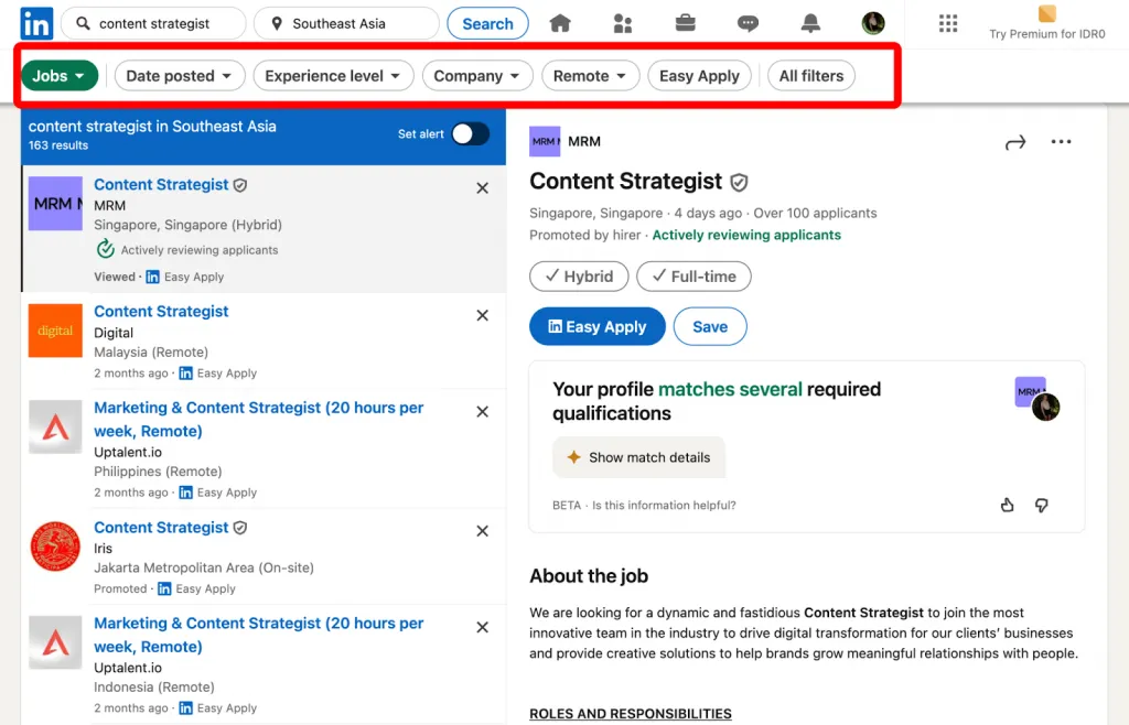 Bereich mit Filtern zum Erstellen von Jobbenachrichtigungen auf LinkedIn