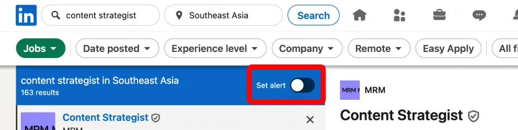 Schaltfläche „Set Alert“ unter „Manage Job Alerts“