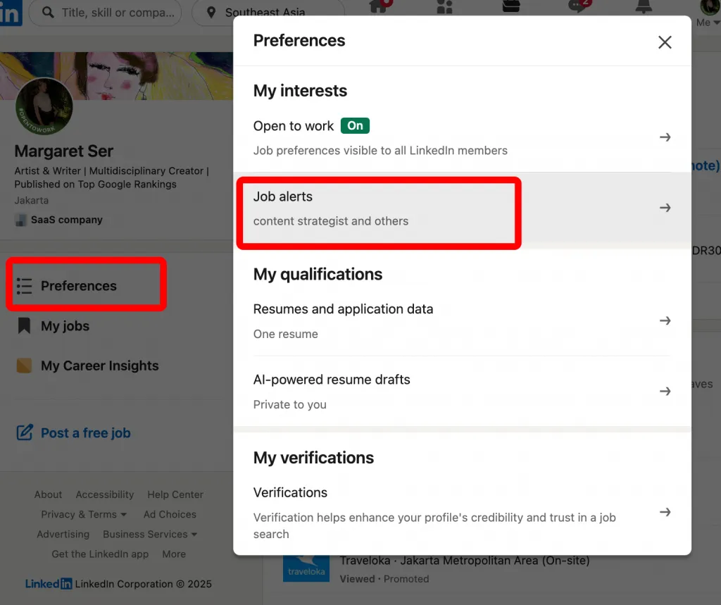 Menü „Preferences“ zum Bearbeiten von Jobbenachrichtigungen auf LinkedIn