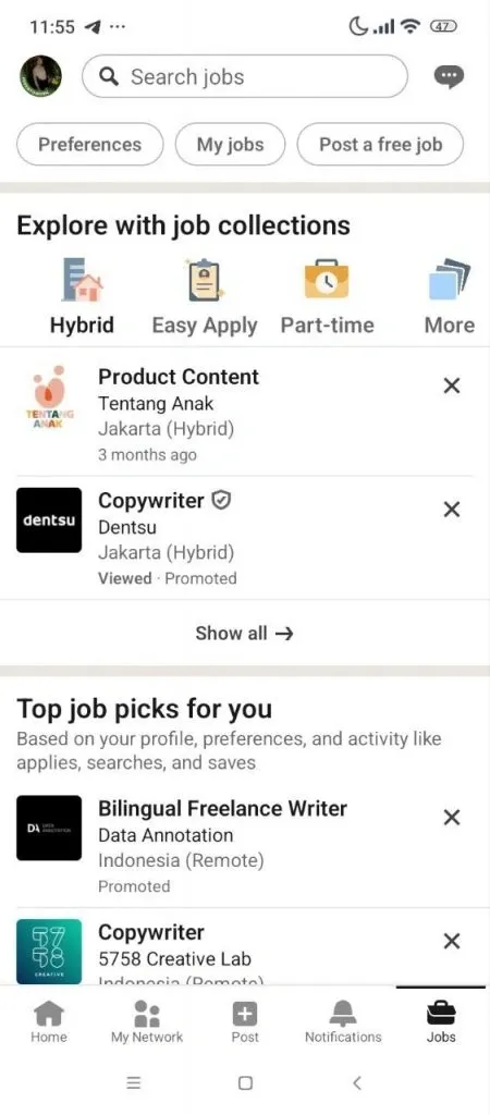 Android-App zum Einrichten einer Jobbenachrichtigung auf LinkedIn