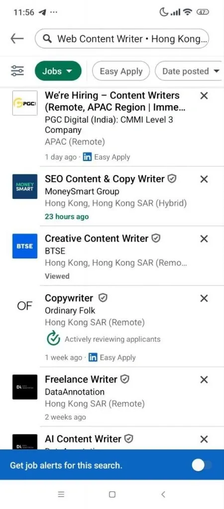 Suchleiste zum Einrichten einer Jobbenachrichtigung auf LinkedIn unter Android