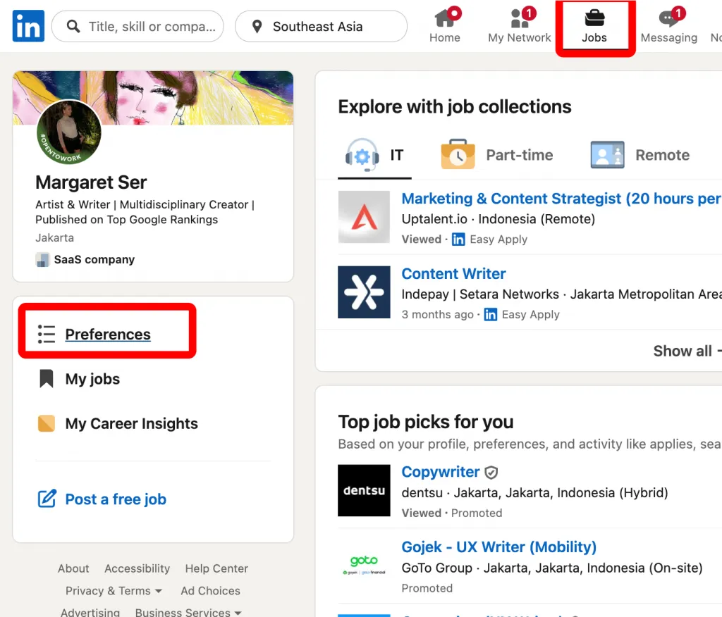 Menü „Preferences“ zum Einrichten einer Jobbenachrichtigung auf LinkedIn