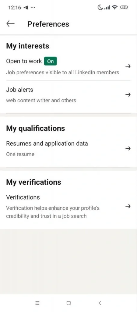 Menü „Preferences“ zum Hinzufügen einer Jobbenachrichtigung auf LinkedIn