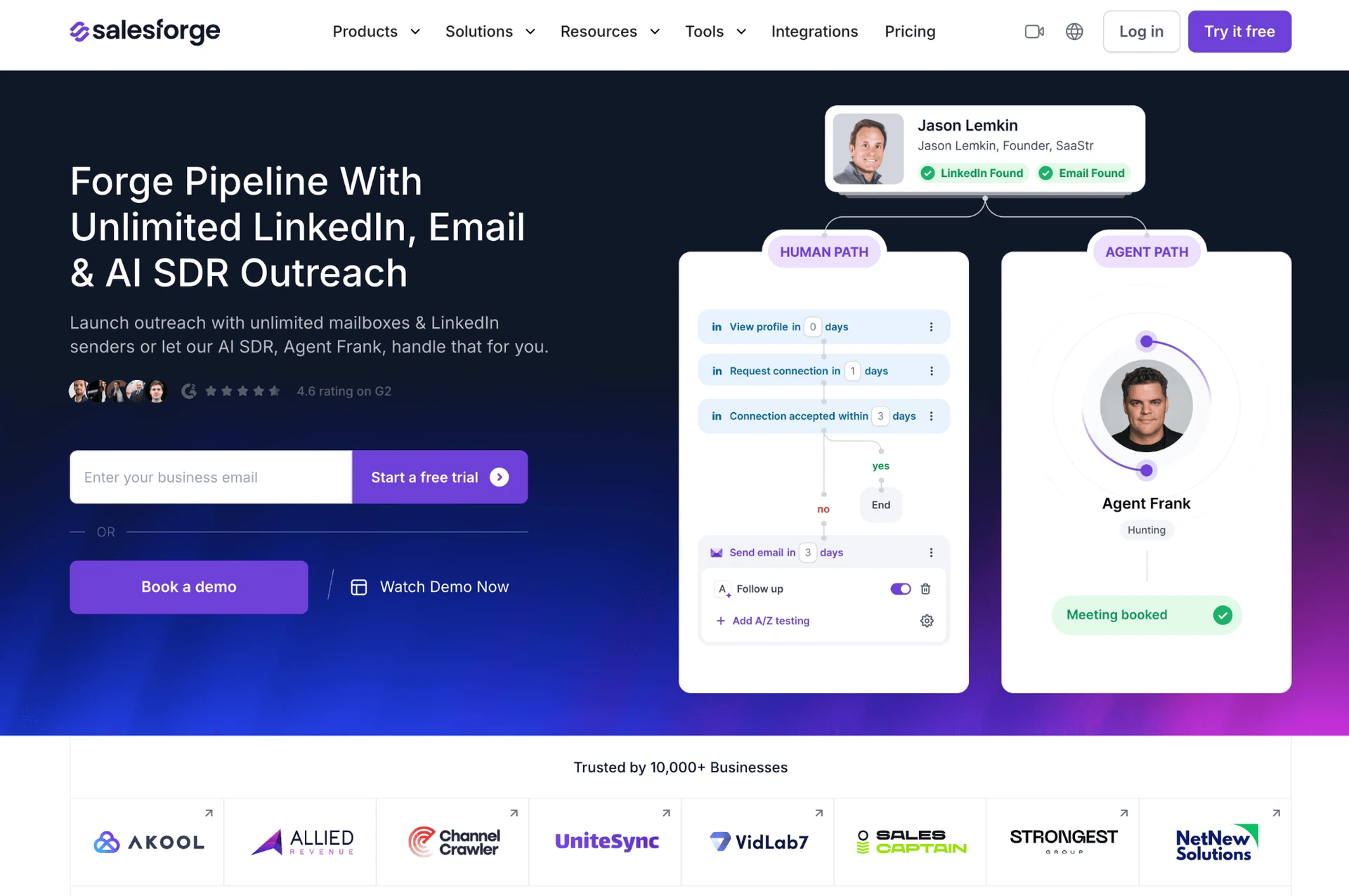 Salesforge homepage: "Forge Pipeline With Unlimited LinkedIn, Email & AI SDR Outreach" — the outreach platform reviewed in this article