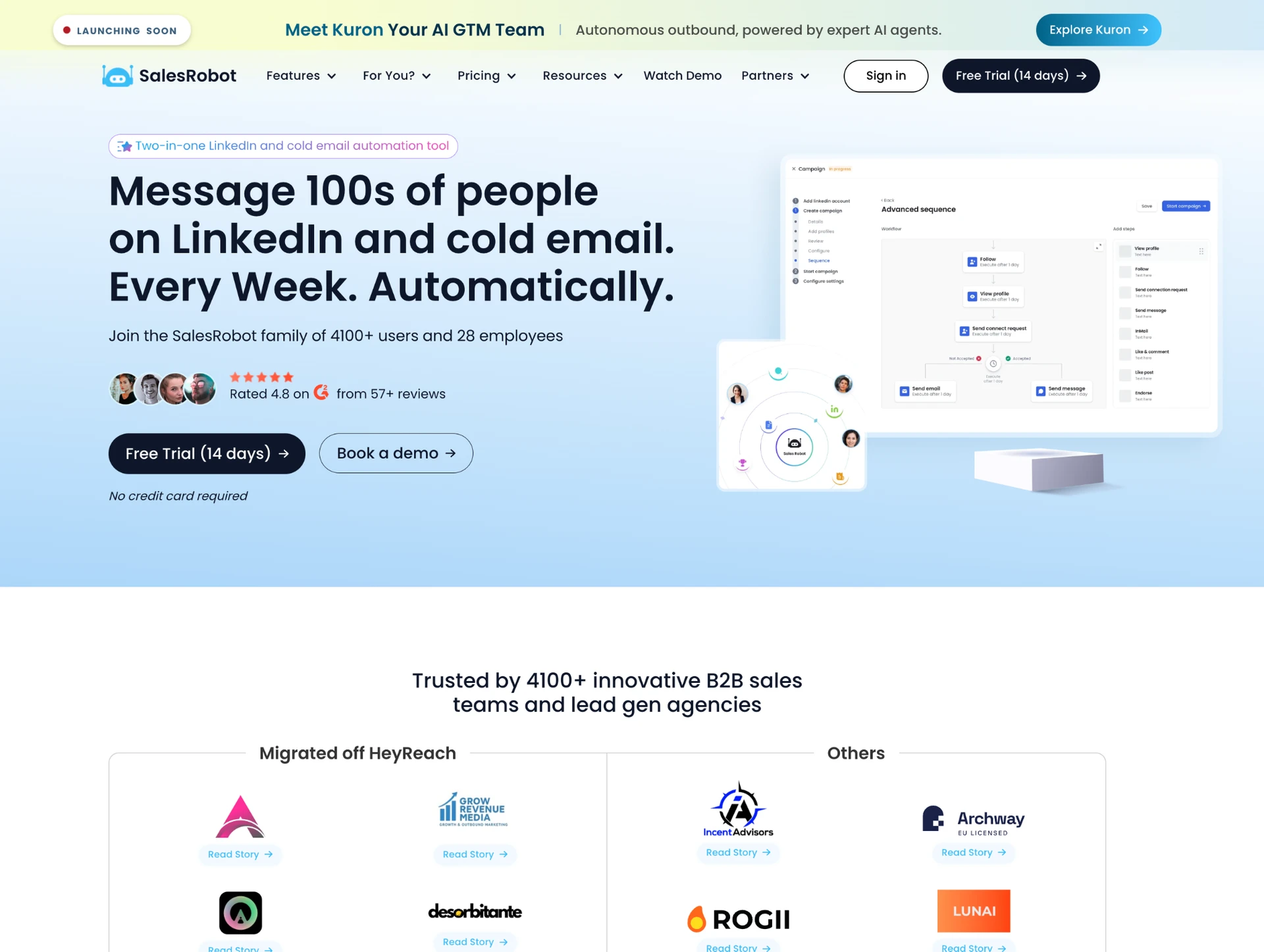 SalesRobot homepage hero — "Message 100s of people on LinkedIn and cold email. Every Week. Automatically." — with the two-in-one LinkedIn and cold email badge, the 4.8 on G2 from 57+ reviews rating, and a campaign sequence builder preview