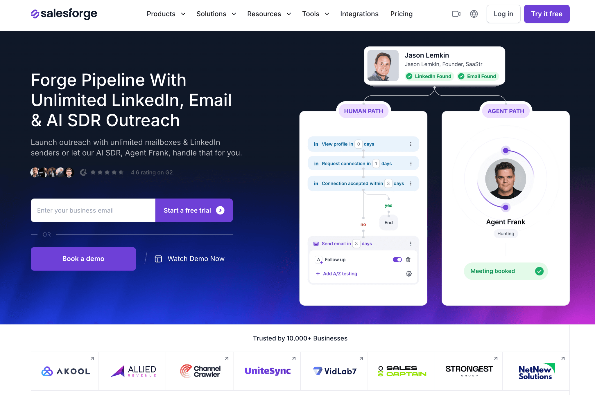 Salesforge homepage: "Forge Pipeline With Unlimited LinkedIn, Email & AI SDR Outreach" — the outreach platform reviewed in this article