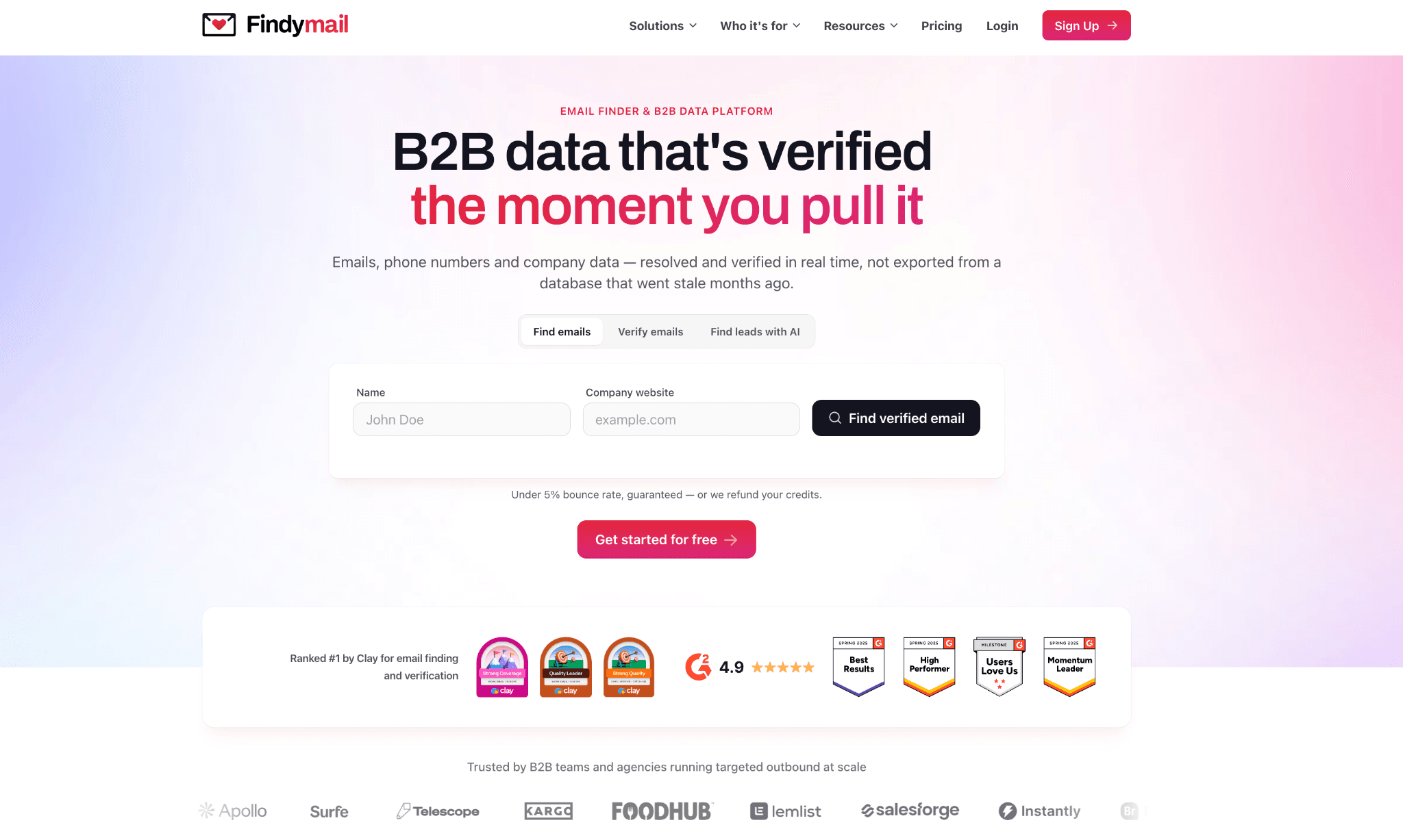 Findymail homepage hero — “B2B data that's verified the moment you pull it” — with the Find emails / Verify emails / Find leads with AI tabs, the name-and-company search form, and the under-5% bounce-rate guarantee