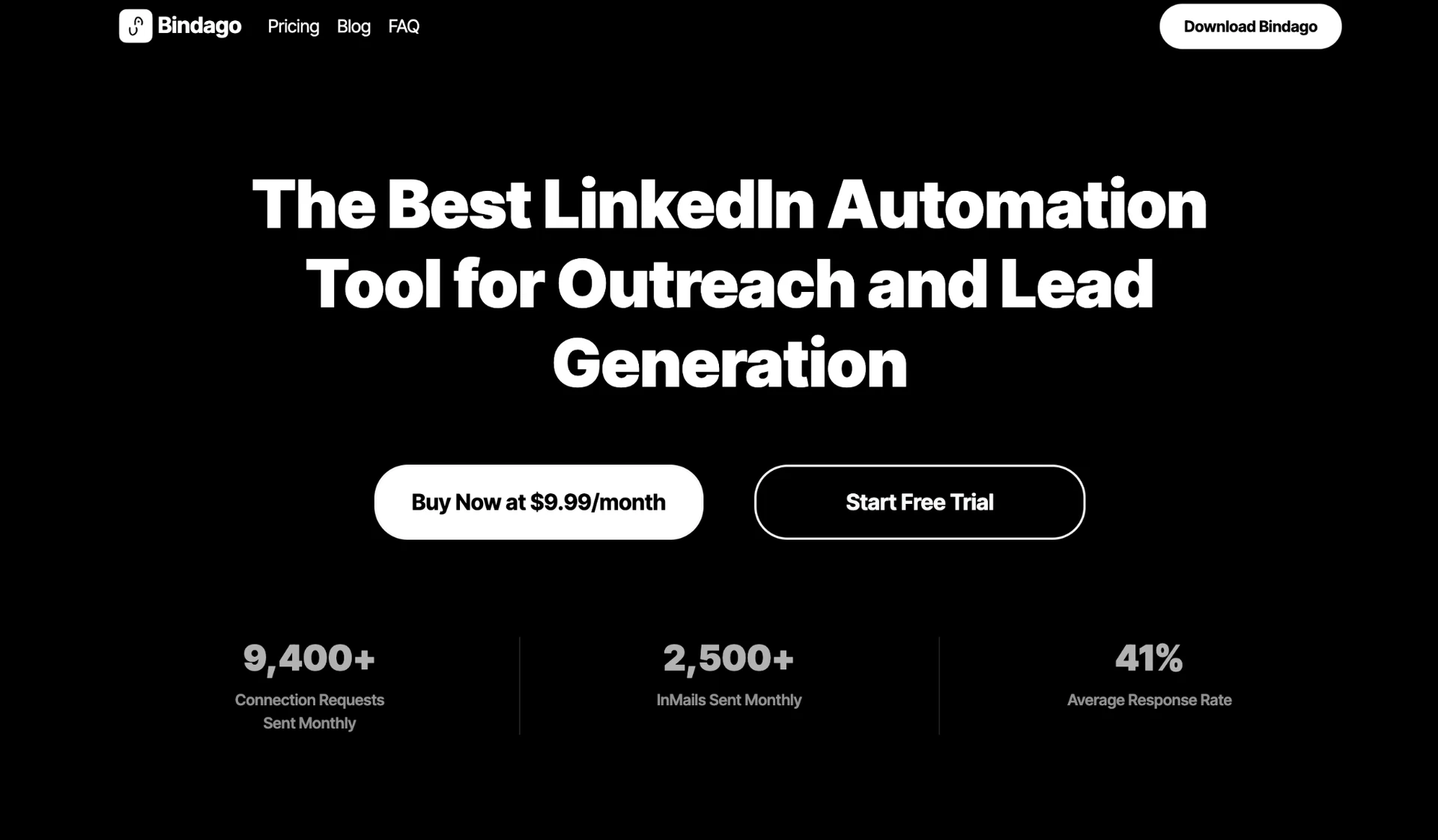 Bindago homepage hero on a black background: the headline "The Best LinkedIn Automation Tool for Outreach and Lead Generation" above a white "Buy Now at $9.99/month" button and an outlined "Start Free Trial" button, with counters reading 9,400+ connection requests sent monthly, 2,500+ InMails sent monthly and 41% average response rate