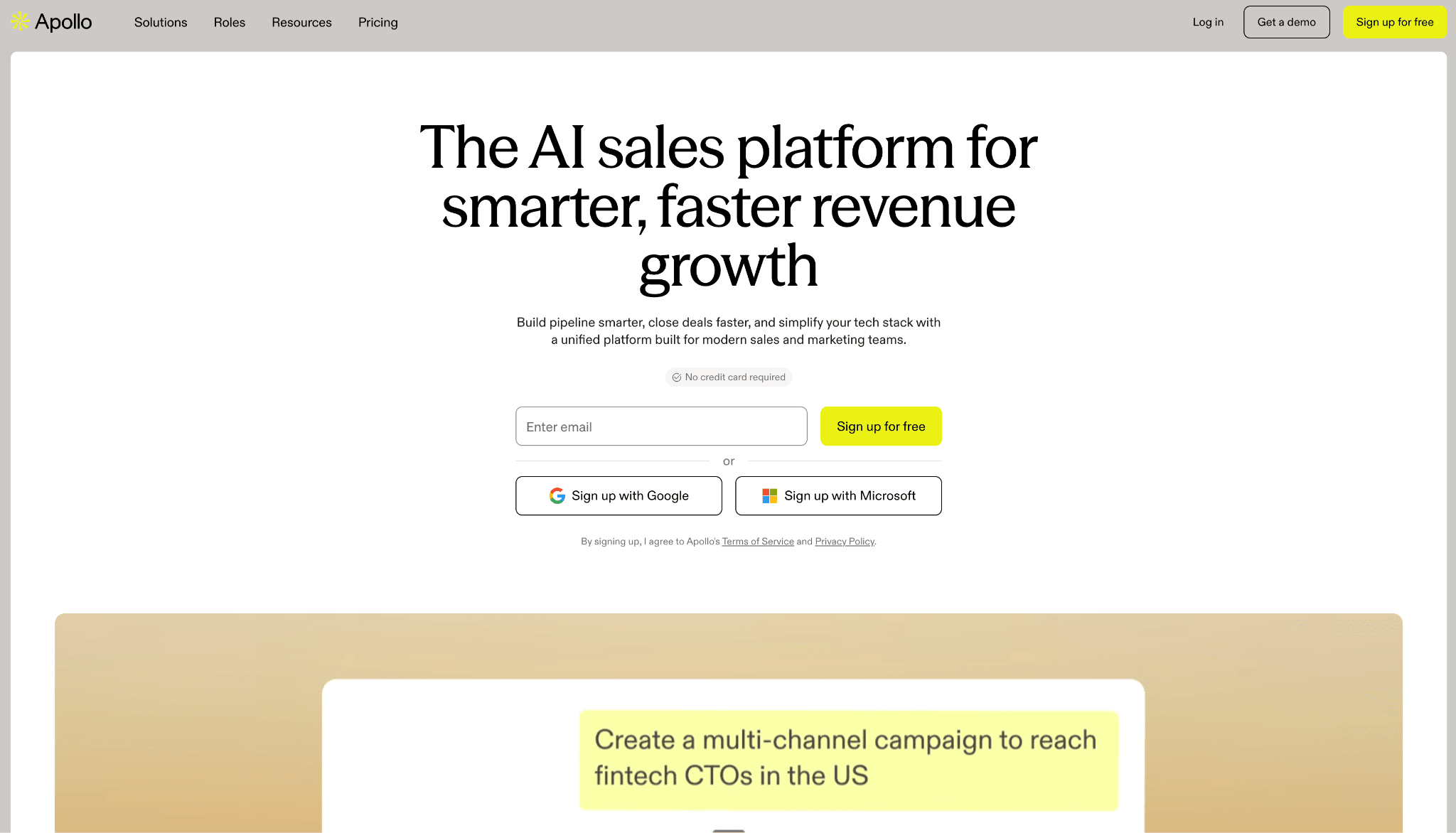 Apollo.io homepage for its AI sales platform
