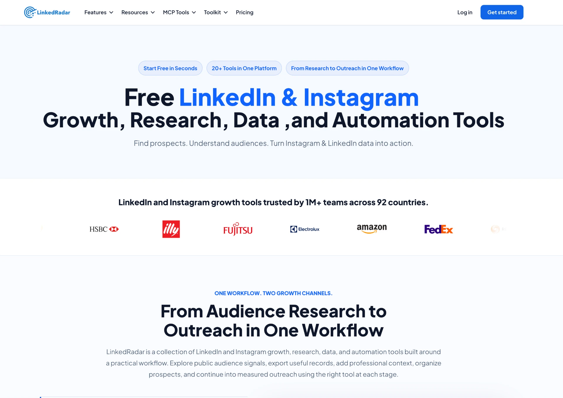 LinkedRadar homepage: "Free LinkedIn & Instagram Growth, Research, Data, and Automation Tools" — the tool reviewed in this article