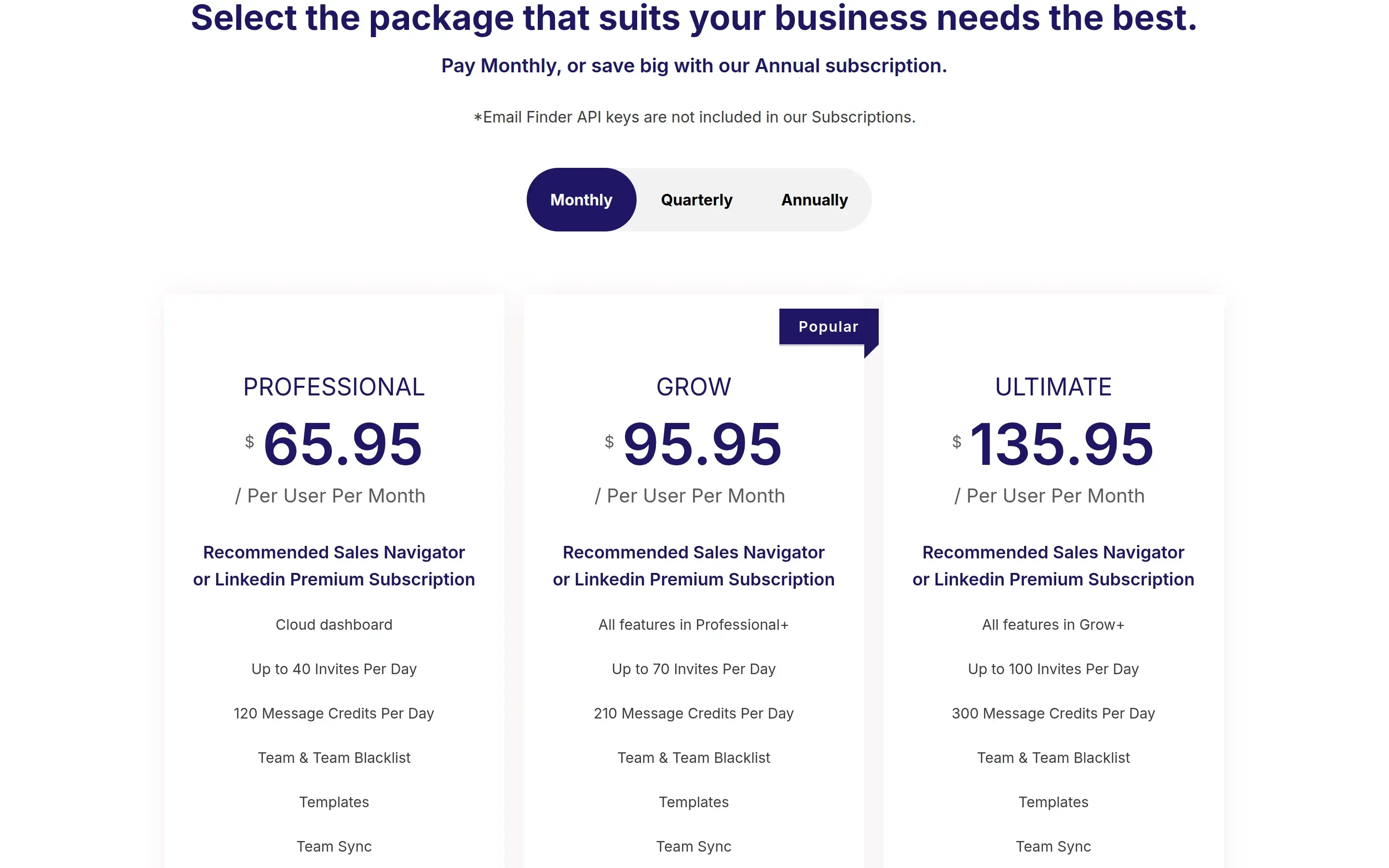 LinkedFusion public pricing page with Professional at $65.95, Grow at $95.95 and Ultimate at $135.95 per user per month