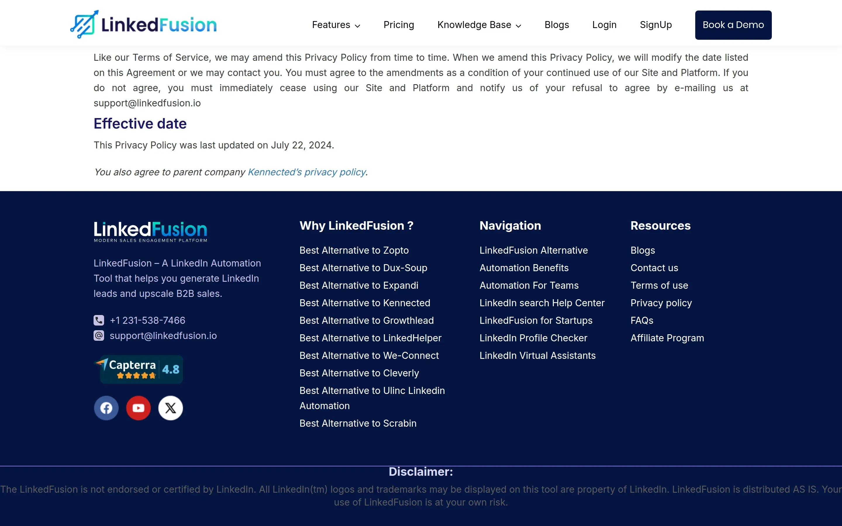End of LinkedFusion's privacy policy pointing to the parent company Kennected's privacy policy