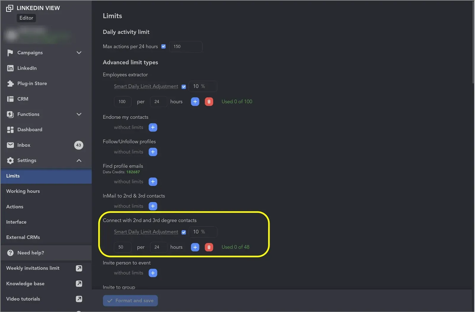 Linked Helper limits settings with a 150 actions per day cap and per-action limits