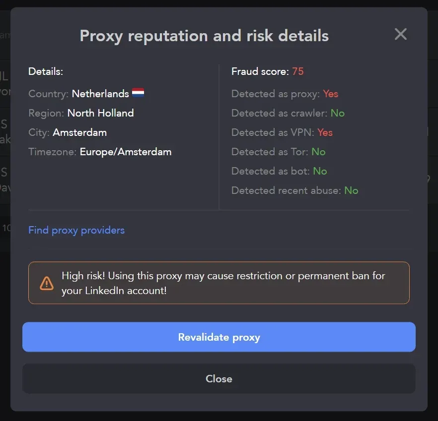 Linked Helper proxy reputation and risk details window showing a fraud score of 75 and a high-risk warning
