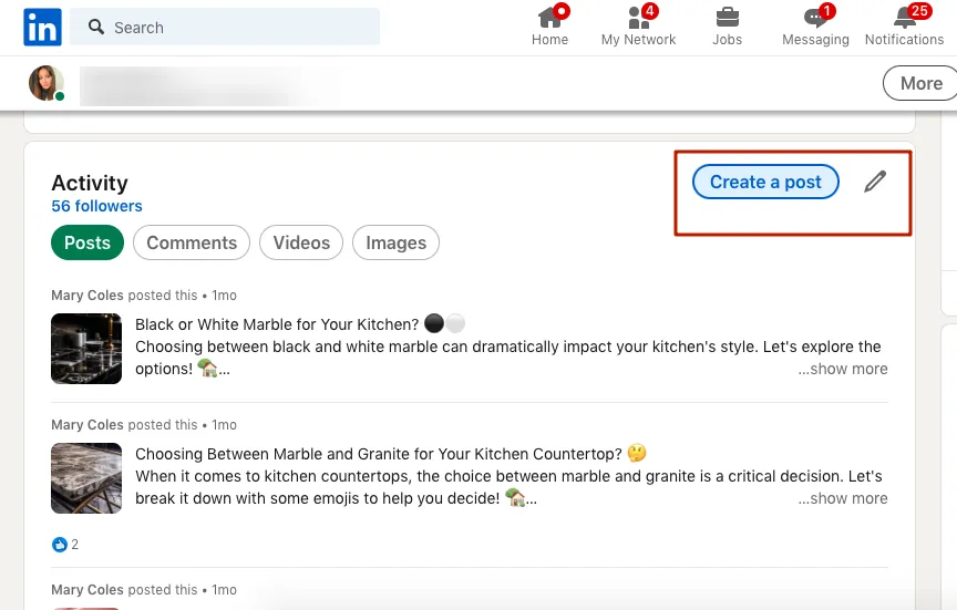 Screenshot des Menüs „Create a post“ auf LinkedIn.