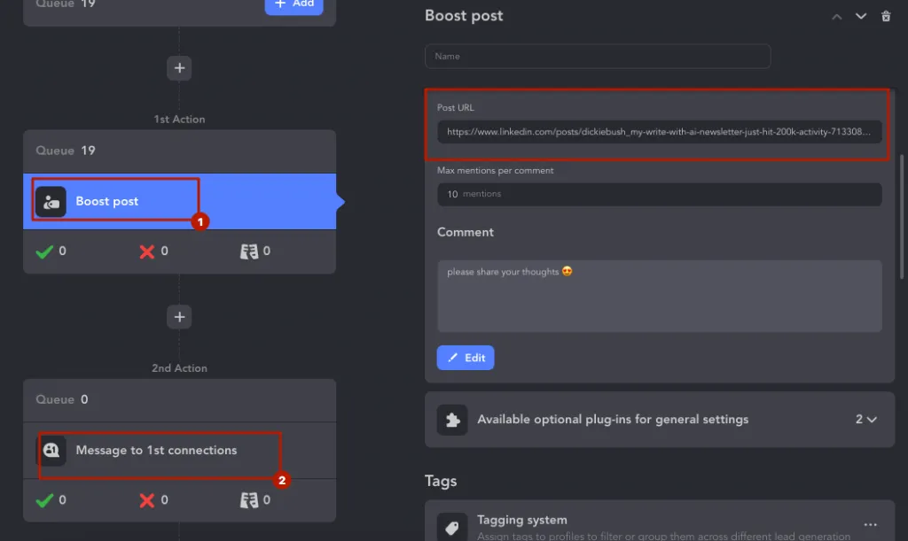 Screenshot der Aktion „Boost Post“ in Linked Helper.