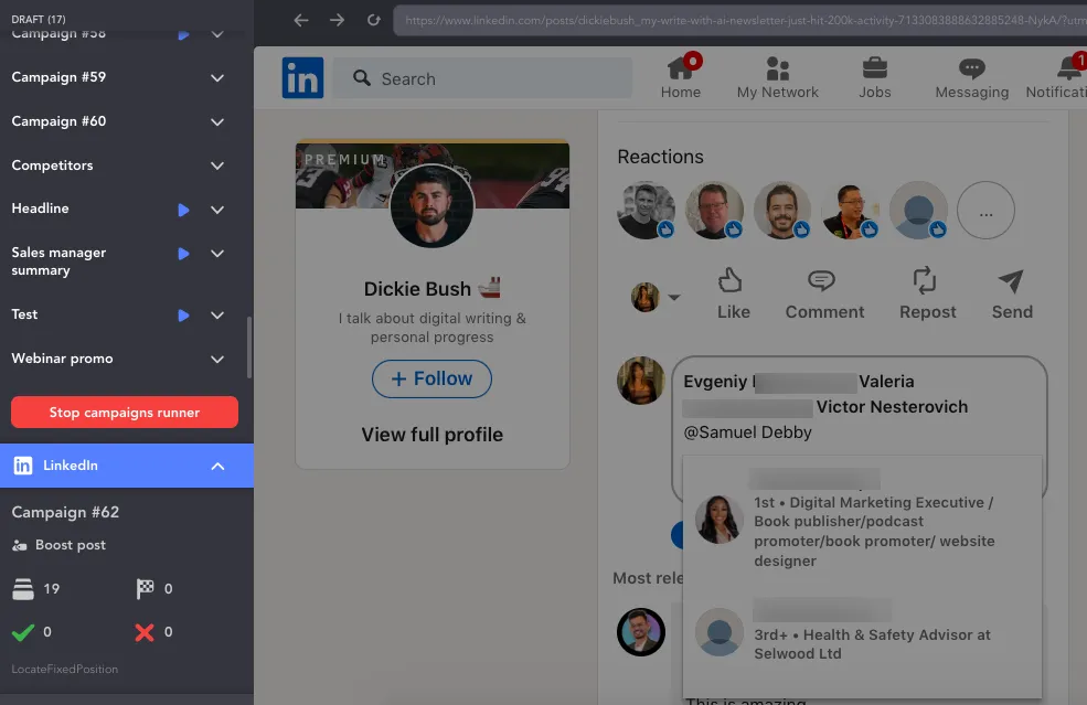 Screenshot der Aktion „Boost Post“ in Linked Helper.
