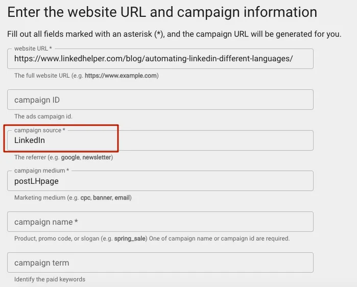 Screenshot eines Dienstes zum Erstellen von UTM-Links für LinkedIn.