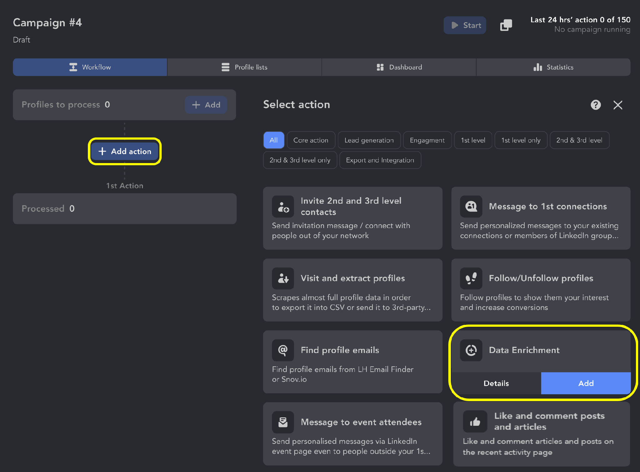 Adding the Data Enrichment action to a Linked Helper campaign