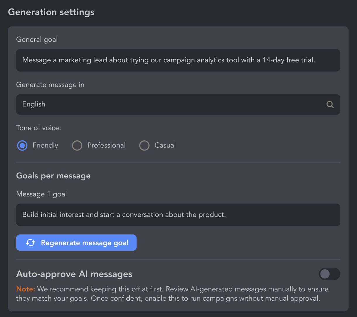 AI message generation settings, message goals and auto-approval toggle