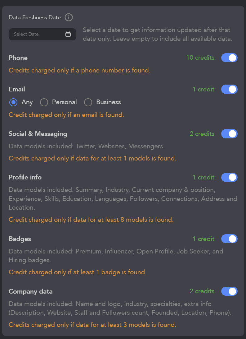 Data Enrichment field selection, freshness date and credit costs