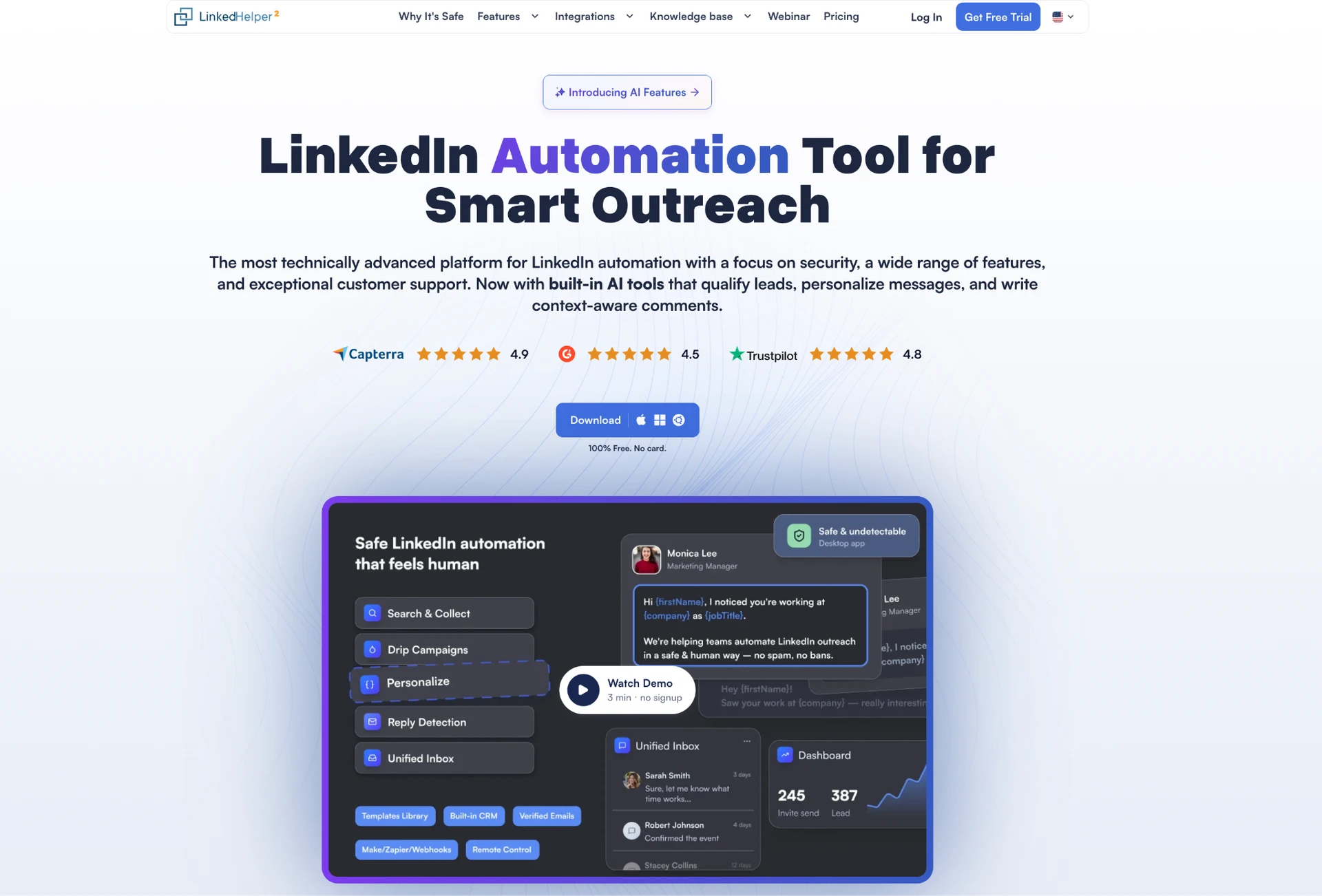 Linked Helper homepage — "LinkedIn Automation Tool for Smart Outreach" — with Capterra 4.9, G2 4.5 and Trustpilot 4.8 ratings and a desktop-app product preview