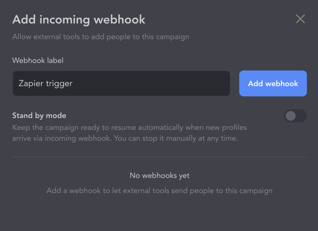Incoming webhook creation dialog with the Stand by mode option
