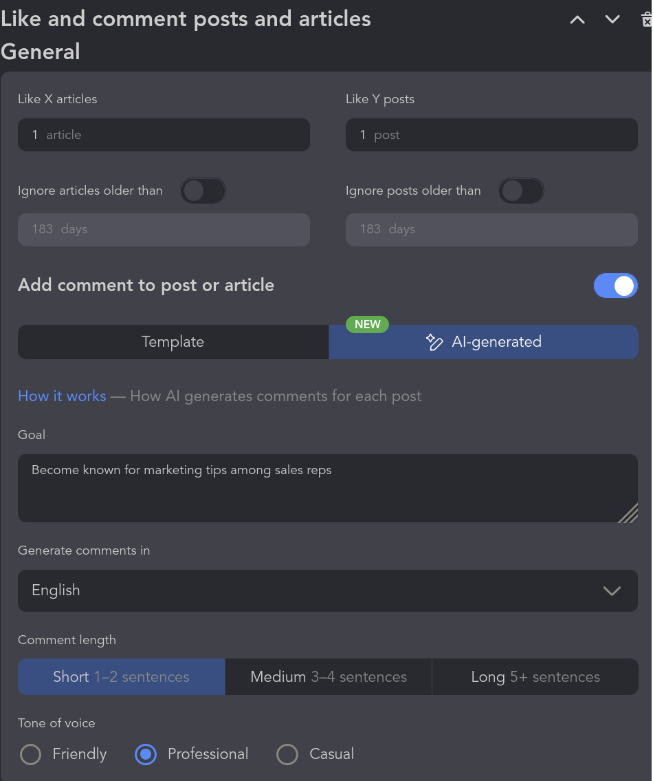 Linked Helper AI comment settings with tone, language and length controls