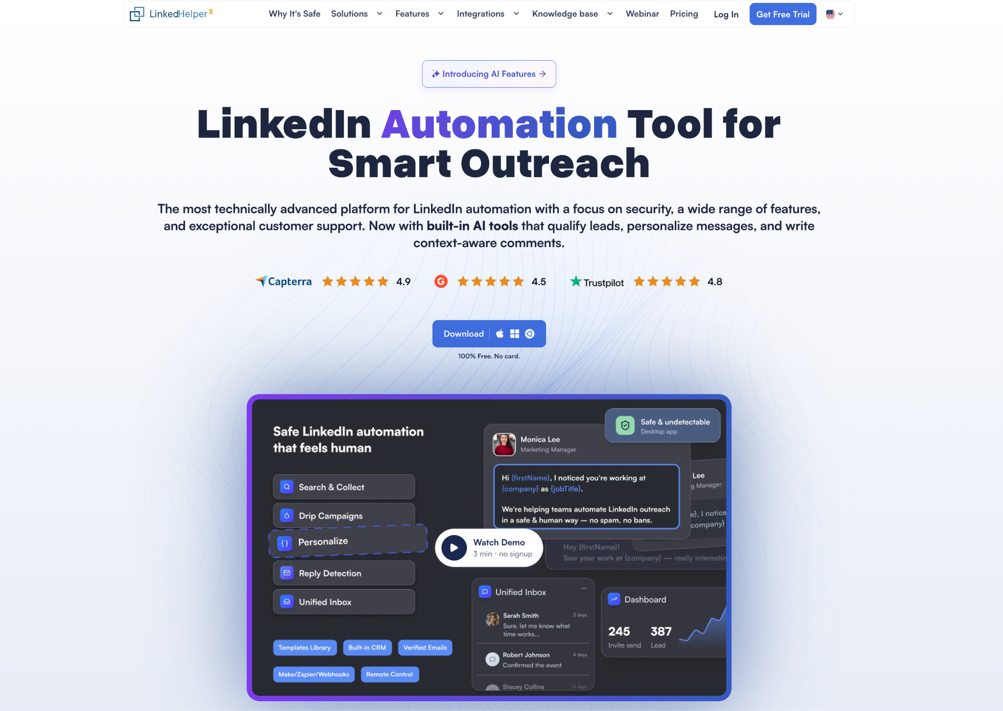 Linked Helper homepage with LinkedIn automation features and product interface preview