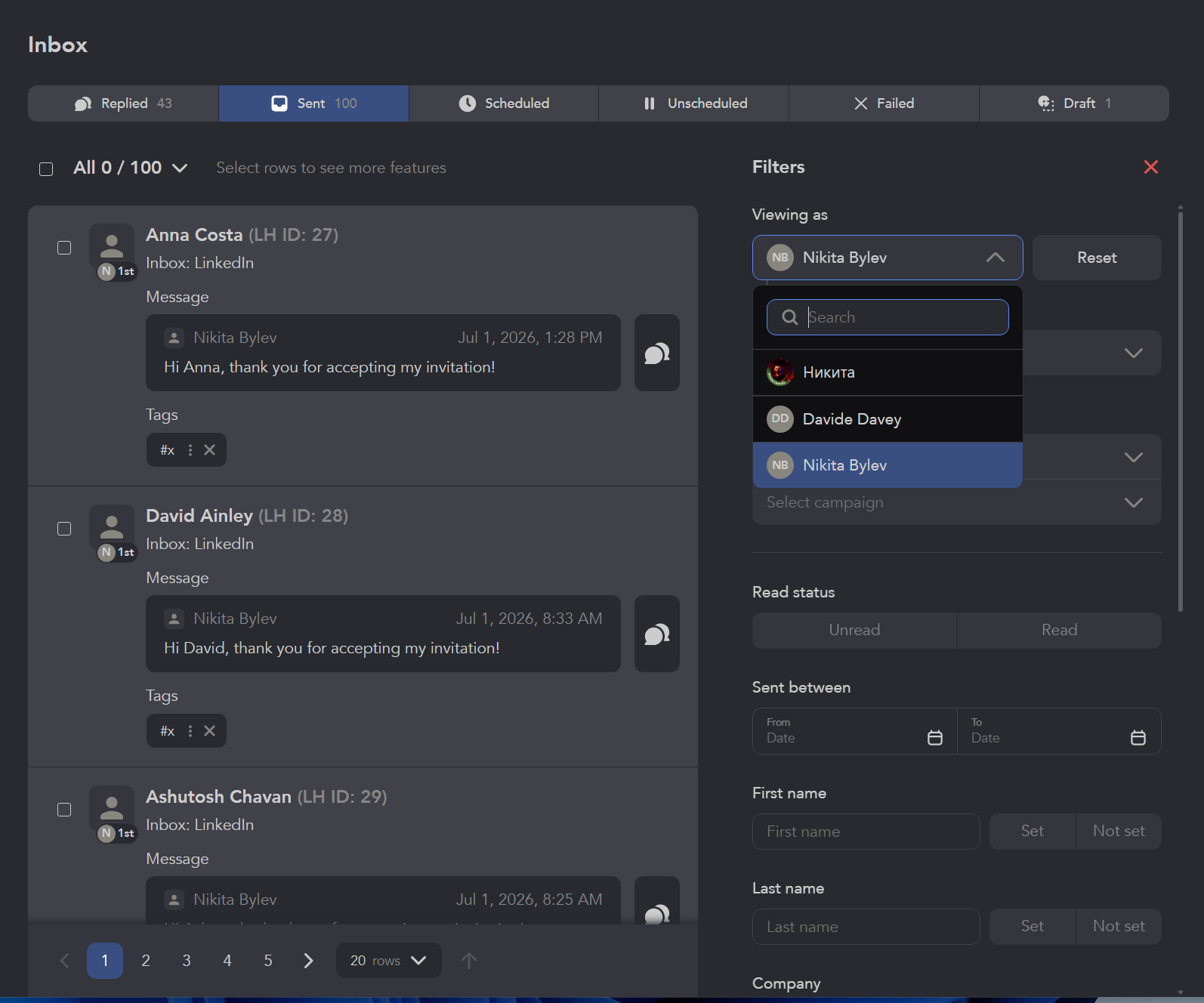 Linked Helper Unified Inbox with conversations, filters and account selection