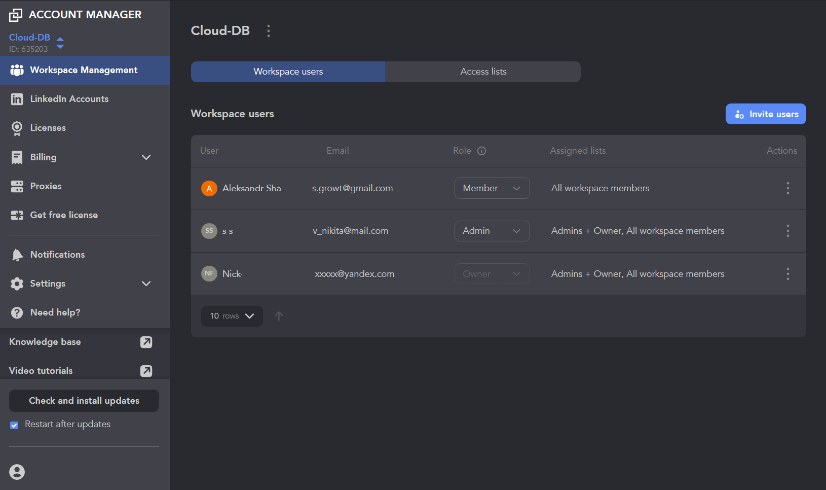 Linked Helper workspace management with workspace users and access roles