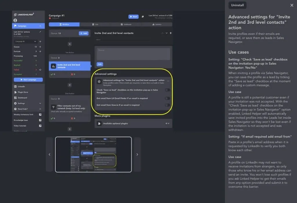 captura de pantalla de los complementos de Linked Helper con instrucciones y descripciones de las funciones