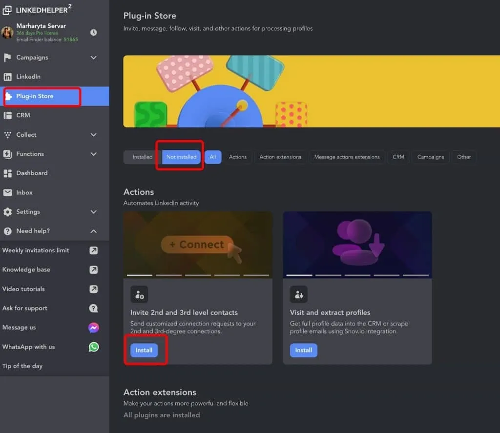 captura de pantalla de los filtros para encontrar complementos en la tienda de complementos de Linked Helper