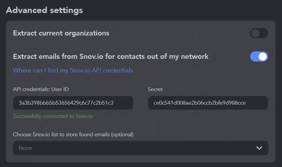ajustes avanzados de recopilación de perfiles para extraer mediante Snov.io los correos electrónicos de todas las personas ajenas a su red