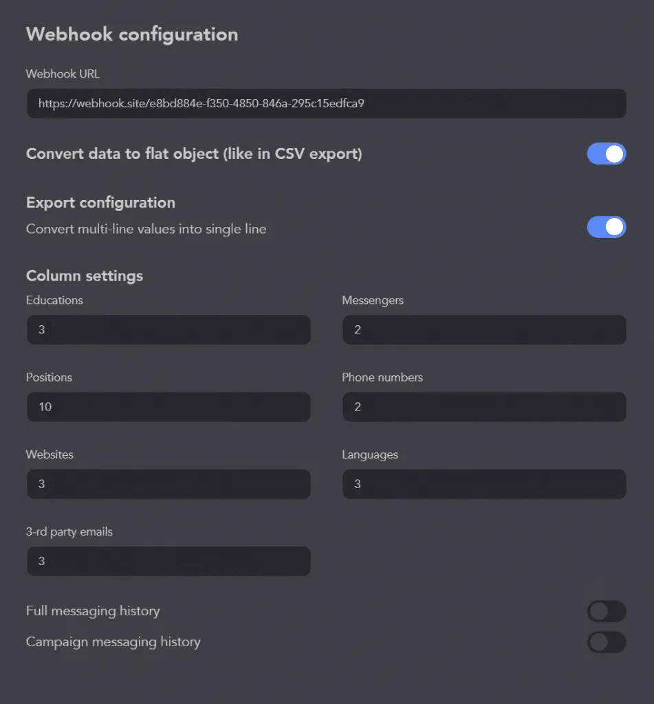 captura de pantalla de los ajustes para enviar mediante webhook a todos los usuarios de la campaña