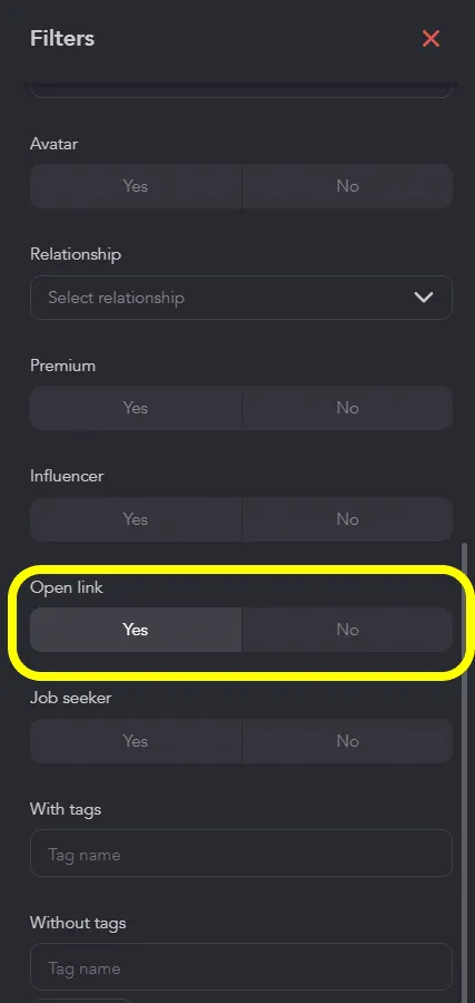filtro open link de Linked Helper para buscar perfiles