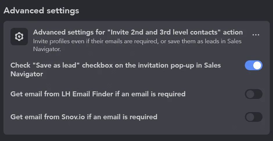 Advanced settings: obtención de una lista de correos electrónicos y almacenamiento del lead en Sales Navigator