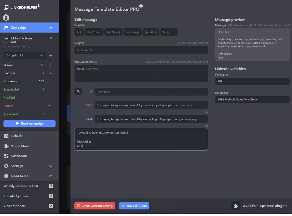 captura de pantalla del operador IF-THEN-ELSE para Message template editor