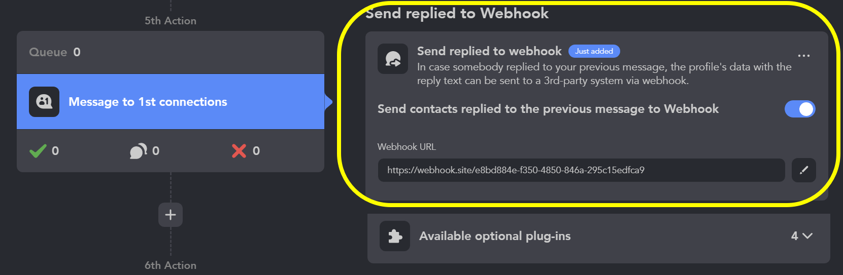Send replied to Webhook plugin enabled in a Linked Helper messaging action