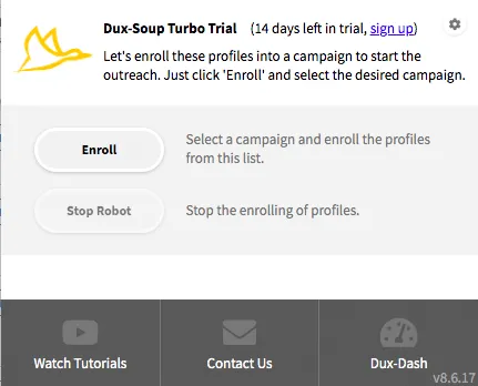 Dux-Soup-Erweiterungsmenü mit Einstellungen im Browser.