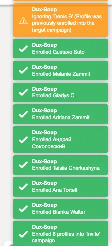 Echte Benachrichtigungen der Dux-Soup-Benutzeroberfläche während der Arbeit auf der LinkedIn-Seite.