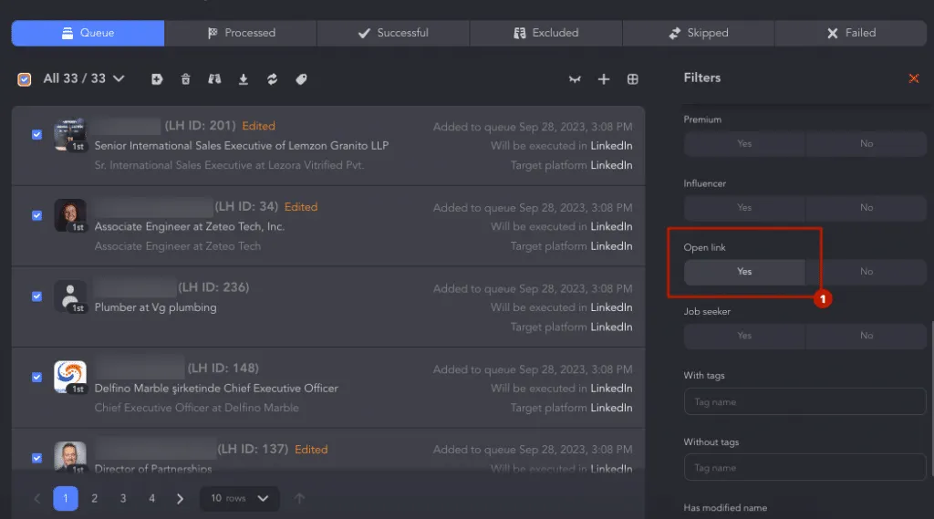 Linked Helper-Kampagnenmenü mit Filtern.