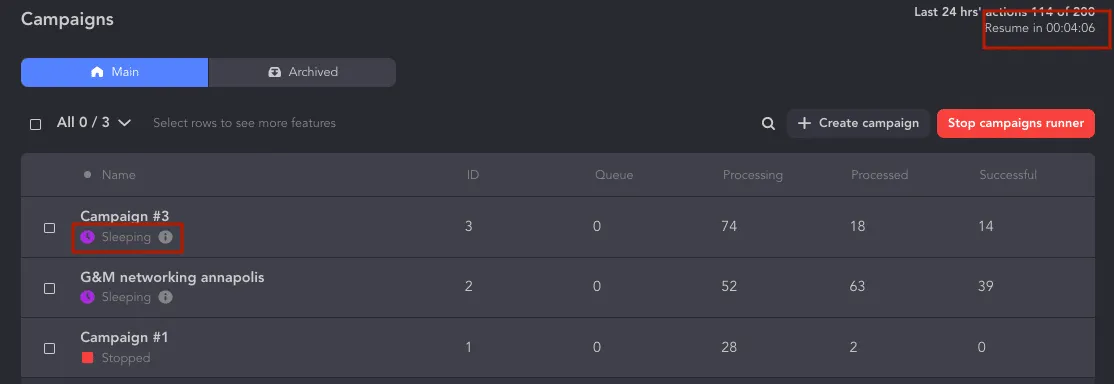 Screenshot des Linked Helper-Dashboards mit Kampagnen.