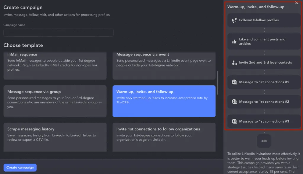 Screenshot des Linked Helper-Fensters zum Erstellen von Kampagnen anhand von Vorlagen.