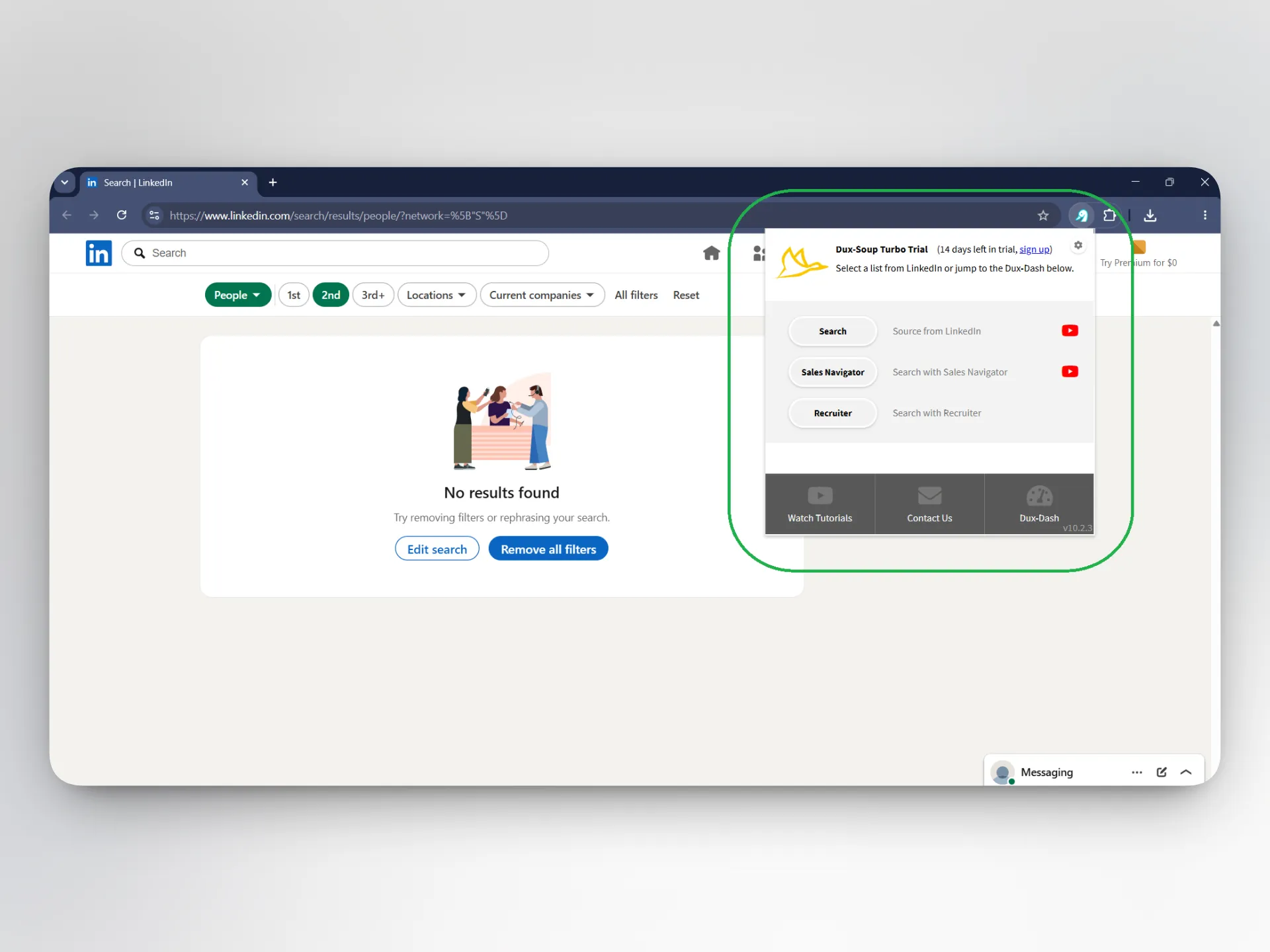 Dux-Soup Turbo Chrome extension popup displayed over LinkedIn search